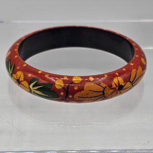 Vintage Wood Hand Painted Orange Floral Bangle Bracelet